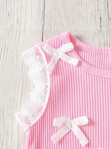 SHEIN 2pcs Young Girl Casual Set: Round Neck Lace Trim Sleeve Top And Denim Shorts - Pink - View 7