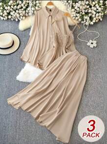 DreamSkyne 大码女式三件套：休闲纯色长袖衬衫、合身荷叶边吊带上衣和简约 A 字裙 - 杏色 - 查看 1