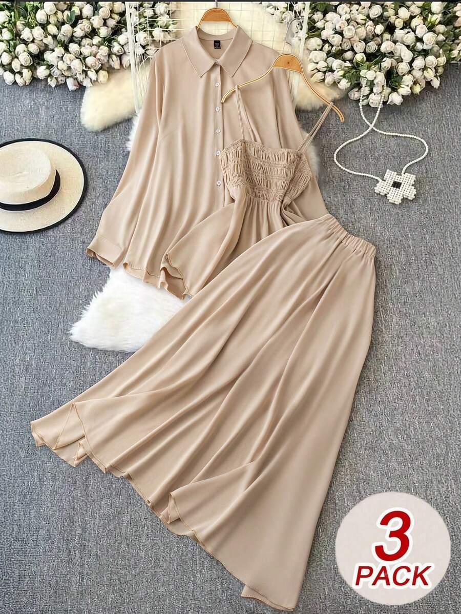 DreamSkyne 大码女式三件套：休闲纯色长袖衬衫、合身荷叶边吊带上衣和简约 A 字裙 - 杏色 - 查看 1