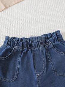 2 Stück/Set Mädchen Lässig Chic College Stil Blau Gewaschen Denim Baumwolle Kurzarm Top und Shorts Set - Blau - Übersicht 7