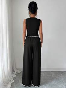 Elenzga Women's V-Neck Vintage European-Style Exquisite Button Sleeveless Business Work Office Pocket Flap Contrast Color Trim Knit Woven Small Multicolor Trim Edge Commuter Vest Retro Pocket Hem Contrast Color Trim Vintage Black Exquisite Elegant Commuter Casual Office Suit Two Pieces - Multicolor - View 2