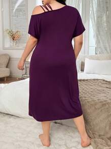 SHEIN Váy thun tay ngắn họa tiết da báo dành cho nữ bán chạy nhất, Bộ đồ ngủ hở vai gợi cảm thoải mái thường ngày - Màu đỏ tím - Xem 2