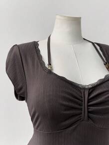 Sunspun Áo thun nữ bó sát ren viền hạt phong cách Y2K cổ điển của Mỹ, áo phông thường ngày - Cà phê nâu - Xem 3