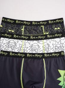 Rick and Morty X SHEIN 3pcs/Pack Men's Black & White Cartoon Character Rick Face Print Letter Tape Waist Contrast Stitch Boxer Briefs - Black - View 5