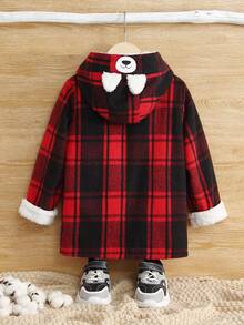 SHEIN 男小童格紋印花雙排釦毛絨襯裡連帽花呢外套