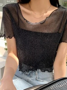 DAZY Lettuce Trim Sheer Mesh Top Without Cami Top Going Out Tops,Crop Tops Women - Black - View 5