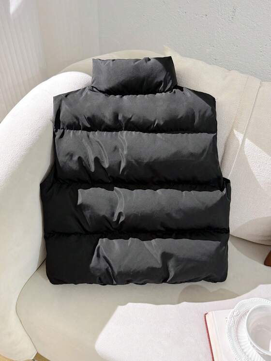 Black Short Stand Collar Zipper Front Padded Coat, Casual Fashion Street Style Kids Vest Black Puffer Vest Kids Black Vest Girls Vest,In Fall/Winter