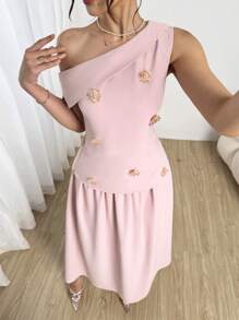 Modelyn Set de 2 piezas compuesto por top ajustado y falda con decoración floral con lentejuelas y strass, cuello asimétrico, para mujer, de verano, elegante - Rosa - Ver 4