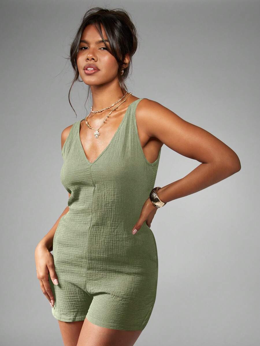 MISSGUIDED Loose Fit Summer Playsuit Sleeveless Romper Comfortable Cheesecloth Textured Jumpsuit Vacation Casual Festival Loungewear