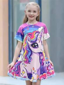 1 pieza Vestido casual cómodo de manga corta con estampado de unicornio lindo para niñas, adecuado para uso diario, fiestas, escuela, festivales y otras ocasiones