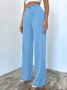 EURMUSE High Waisted Solid Color Trousers With Slanted Pockets - Dusty Blue - View 5