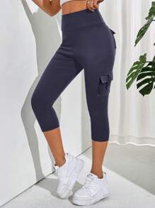 SHEIN Essnce Quần tập yoga thường ngày cỡ lớn dành cho nữ, Quần túi hộp, Quần chạy bộ Capri, Mùa hè - Màu xanh hải quân - Xem 4
