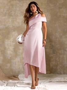 Roveilla 大码女式夏季优雅纯色不对称下摆单肩收腰连衣裙