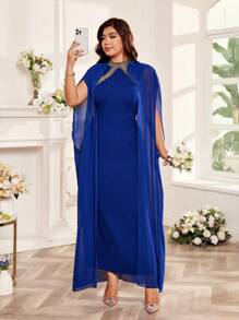 Cravure 大码蓝宝石蓝色金属蕾丝边修身长裙，正式服装 - 寶藍色 - 查看 5