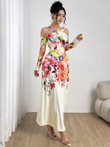 Modelyn Digital Print Off Shoulder Bodycon Twist Front Long Sleeve Dress For Women Fall Cloth For Women