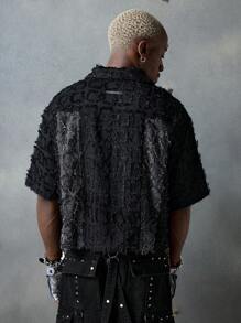 NEON BLANC Camisa de manga corta negra de estilo callejero tejida con parches, adecuada para el verano