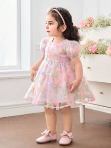 SHEIN Baby Girl Pink Floral Princess Dress,Summer Cute Birthday Exquisite Three-Dimensional Print Mesh Puff Sleeve Elegant Dress,Skin-Friendly Fabric - Multicolor - View 3