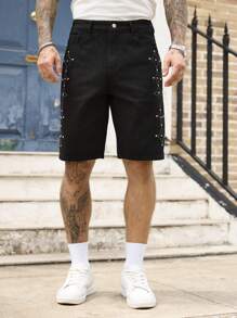Manfinity Homme Pantalones cortos de mezclilla negros sueltos de estilo urbano con bordados y cuentas - Negro - Ver 1
