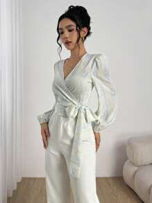 Modelyn Women's All-Over Print Cross Wrap V-Neck Tied Elegant Long Sleeve Blouse,Women's Fashion Casual Summer Birthday Women's Clothing Prom Dress Wedding Guest Dress Curve Summer Skirt Concert Clothing Wedding Clothing, Fabric Soft Print Cross Asymmetric Women's Tops Shirt, Green Women's Tops Shirt Matching Fashion And Elegance, Fabric Soft And Stretchy - Baby Blue - View 6