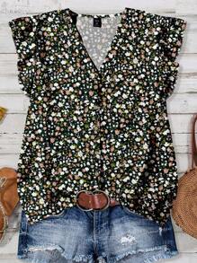 EMERY ROSE Camisa suelta de verano con estampado floral, estilo de vacaciones, para mujeres de talla grande, cuello en V rosa, mangas cortas, ropa de verano para mujer, ropa de vacaciones para mujer - Negro - Ver 1