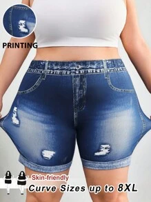 SHEIN CURVE+ 大码女式松紧腰休闲紧身裤，舒适弹力牛仔印花面料，夏季/乡村/海滩度假装/沙滩装/沙滩装 - 藍色 - 查看 1