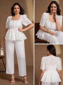 Chikora Blusa romántica elegante de encaje en la cintura para mujer de talla grande