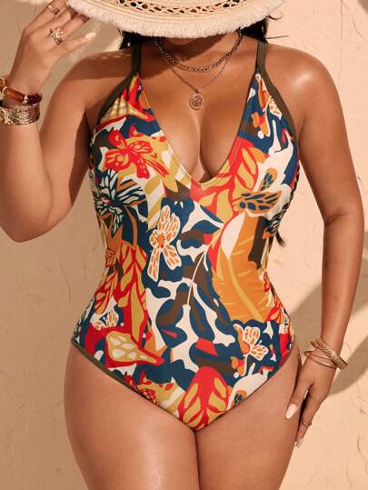 SHEIN Swim Curve 大码女式热带植物印花连体泳衣