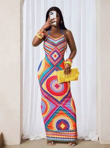 BamGleam Women All-Over Print Bodycon Halter Backless Sleeveless Dress - Multicolor - View 5