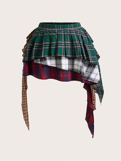 SHEIN ICON Plus Size Asymmetrical Plaid Patchwork Pleated Skirt