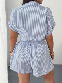 POPSWAY 大码休闲条纹宽松舒适短袖连体裤，夏季 - 藍色 - 查看 2