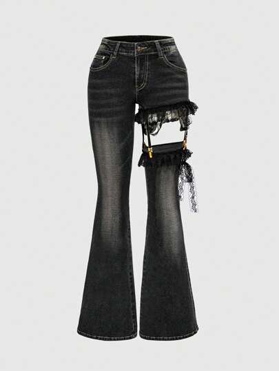 ROMWE J-Fashion Y2K 原宿辣妹 Y2K 蕾丝拼接低腰十字设计复古紧身超低腰女式牛仔裤