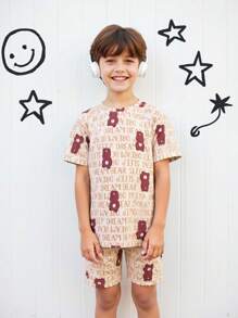 男童米色英文文字印花阻燃面料短袖短裤睡衣套装，带熊图案 - 淺灰色 - 查看 7