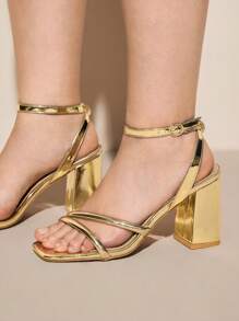 CUCCOO CURVES Plus Size Women Fashion Gold Strap Classic Comfortable Ankle Strap High Heel Sandals For Christmas - Gold - View 4