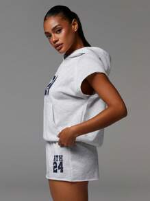 Athîral 女士极简数字印花连帽卫衣，四季款，女式慢跑裤，秋冬返校款，机场款 - 灰色 - 查看 3