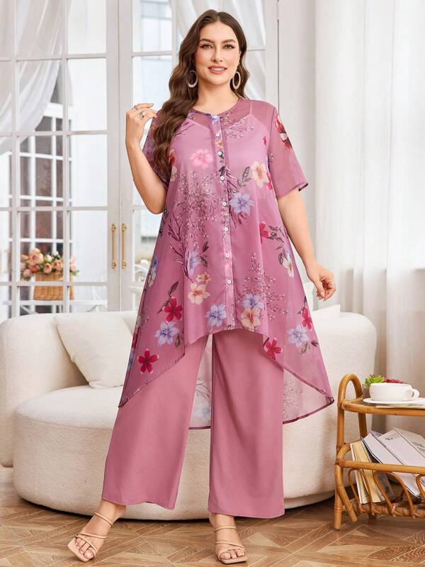 Lacomfia 2pcs Women Plus Size Chiffon Printed Patchwork Pants Set