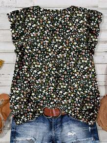 EMERY ROSE Camisa suelta de verano con estampado floral, estilo de vacaciones, para mujeres de talla grande, cuello en V rosa, mangas cortas, ropa de verano para mujer, ropa de vacaciones para mujer - Negro - Ver 2