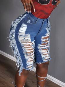 Slaydiva 女式蓝色破洞高腰牛仔短裤（夏季） - 中等水洗藍 - 查看 6