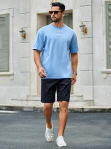 Manfinity VCAY 男士夏季新款浅蓝色螃蟹图案T恤，趣味海洋主题设计，宽松版型，男士休闲螃蟹印花针织宽松圆领T恤，适合日常穿着。 - 藍色 - 查看 6