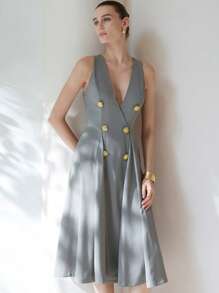 Aveloria Modichic Double Breasted Fold Pleated Detail Dress - Light Grey - View 6
