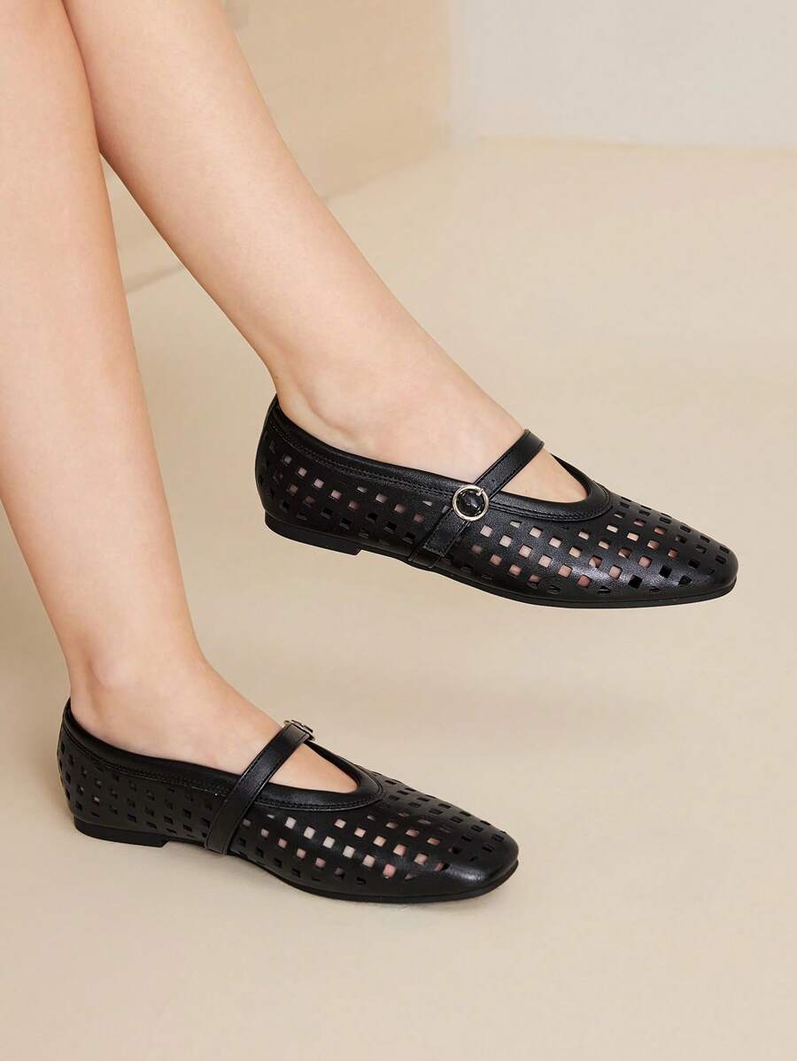 MOTF PREMIUM 镂空PU皮革芭蕾平底鞋 - 黑色 - 查看 2
