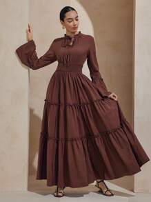 Graceveil 女式超长荷叶边喇叭袖 A 字中长连衣裙，收腰，春夏 - 棕色 - 查看 7