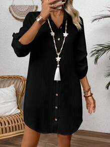 Women's Simple Casual Solid Color Button Front Long Sleeve Dress Fall Cloth For Women - Black - View 5