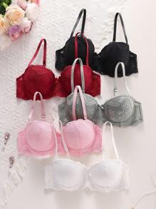 SHEIN 5件套女士蕾丝内衣文胸带钢圈，可拆卸胸垫