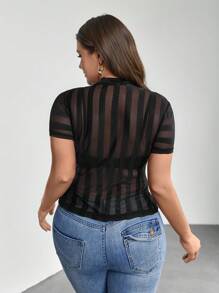 SHEIN Privé 优雅简约条纹半透明网眼修身衬衫，夏季 - 黑色 - 查看 2