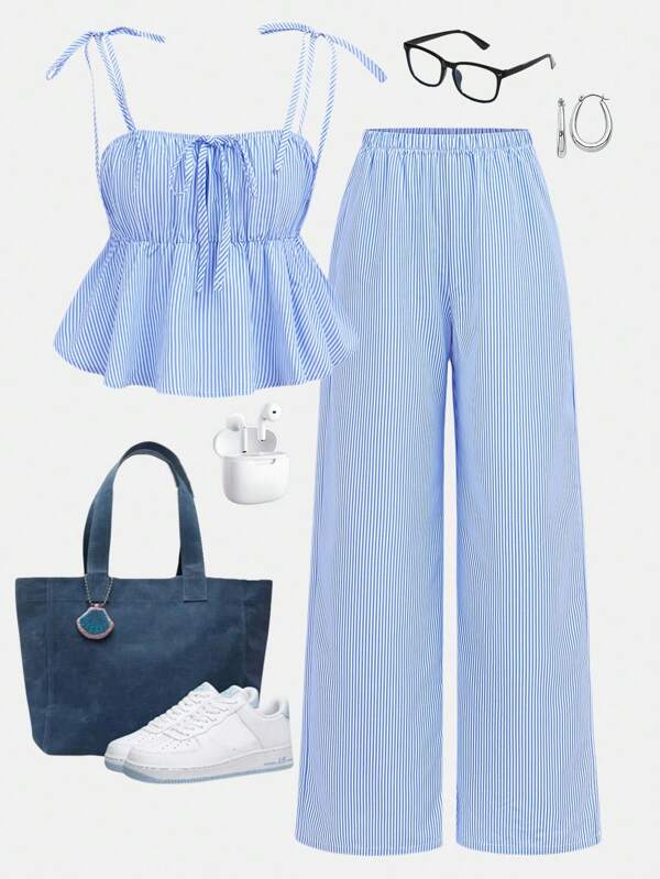 Girlism Conjunto de dos piezas de blusa con lazo y pantalón de talle bajo para adolescentes, en estilo casual de vacaciones con rayas y encaje azul y blanco, adecuado para salidas de verano, fotografía urbana y almuerzos
