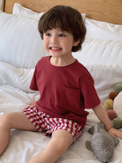 Hapijoa 2pcs/Set Kids Boys Crew Neck Knit Short Sleeve T-Shirt + Plaid Shorts Casual Home Outfit,Summer