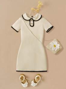 Young Girls' Casual Solid Color Short Sleeve Ruffle Crew Neck Mid-Length Dress, Summer