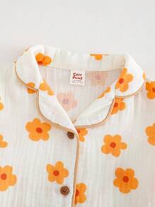 Cozy Pixies Bộ 2 món áo cardigan tay ngắn cổ ve họa tiết hoa cho bé gái và quần cạp chun - Màu be - Xem 8