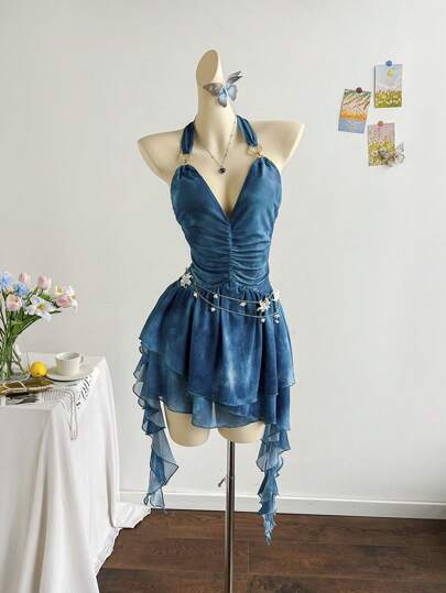 Soleia Vestido azul impreso de malla de punto con escote de halter romántico de vacaciones para mujeres