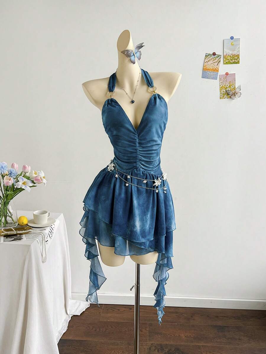 Soleia 女士浪漫度假露背针织网眼蓝色印花连衣裙 - 藍色 - 查看 1